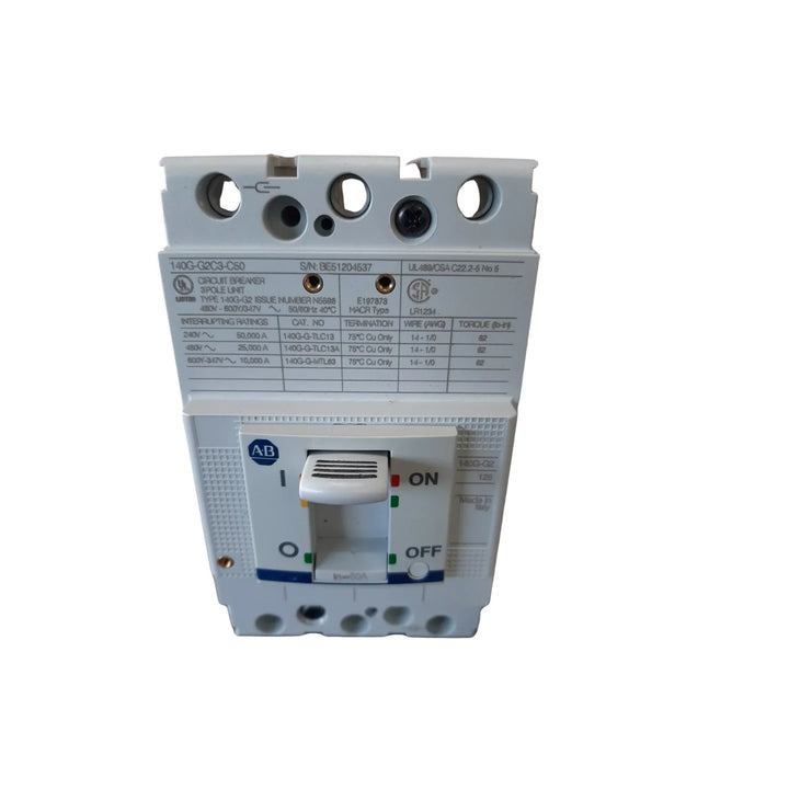 Disjuntor motor Allen-Bradley 140G-G2C3-C50, proteção confiável para circuitos elétricos industriais.