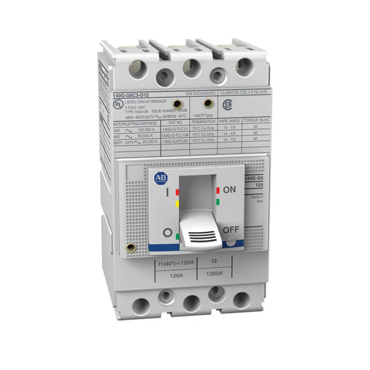 Allen-Bradley 140G-G6C3-D12 molded case circuit breaker, 3-pole, 125A, 65 kA, G frame, thermal-magnetic protection.