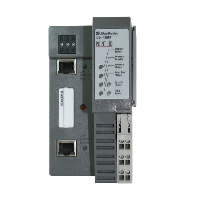 Allen-Bradley 1734-AENTR dual-port Ethernet adapter for POINT I/O, supports distributed control and high-speed networking.