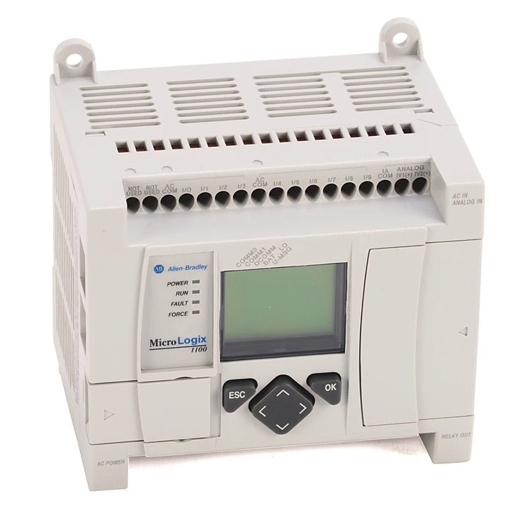 Allen-Bradley 1763-L16BWA MicroLogix 1100 PLC, 120V AC input, relay output, for compact industrial automation control.