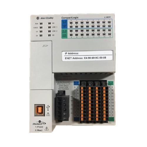 Allen-Bradley 1769-L18ER-BB1B CompactLogix controller with 512 KB memory, embedded I/O, and dual Ethernet for small automation applications