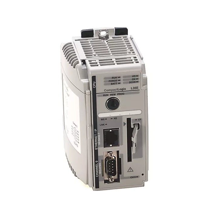Allen-Bradley 1769-L35E CompactLogix controller with 1.5MB memory, EtherNet/IP and RS-232 ports, supporting up to 30 I/O modules for scalable automation.