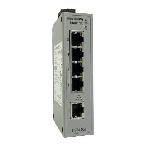 Allen-Bradley 1783-US05T Stratix 2000 5-port unmanaged Ethernet switch, DIN rail mount, for simple industrial networking.
