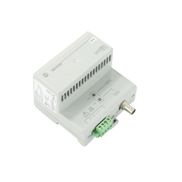 ControlNet repeater adapter, DIN rail mounted, supports coax and fiber modules for scalable industrial networks.