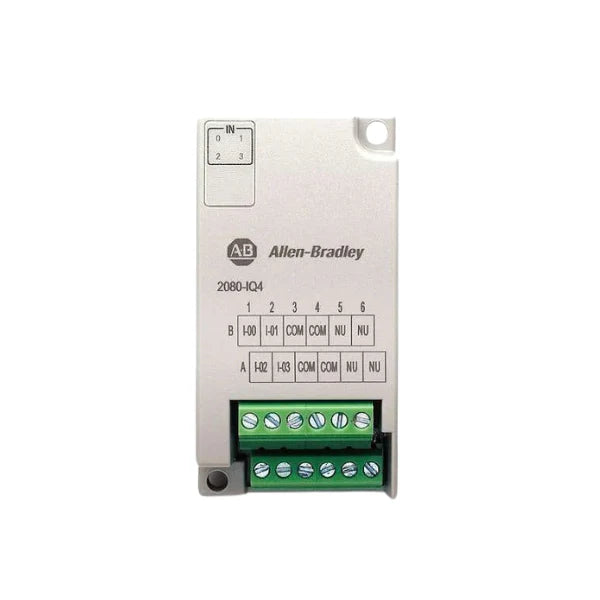 Allen-Bradley 2080-IQ4 digital input module, 4-point, 24V DC sink/source, for Micro800 PLC expansion and control systems.