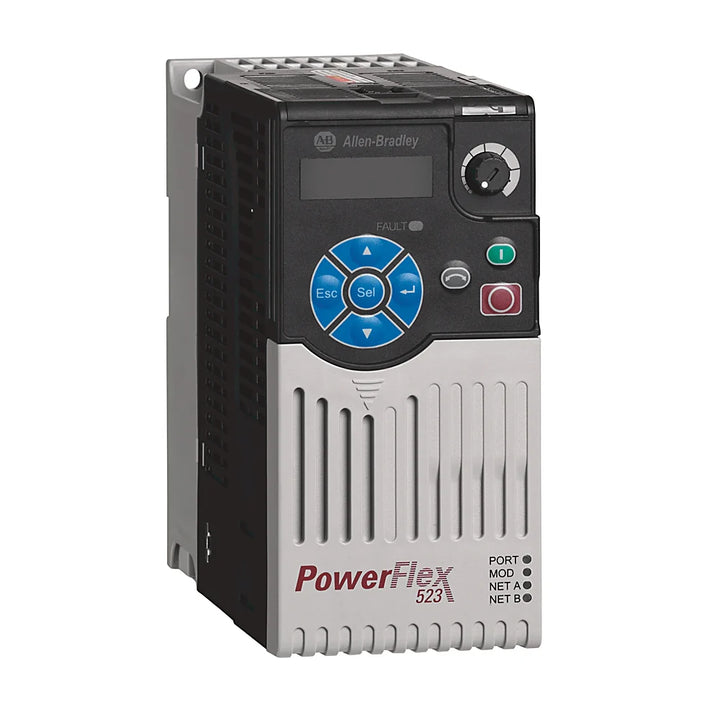 Allen-Bradley 25A-D2P3N104 PowerFlex 523 AC drive, 1 HP, 480V, 2.3A, Frame A, IP20, no filter, compact motor control solution.