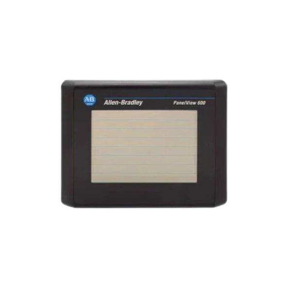 PanelView 600 HMI, 5.7-inch color touchscreen, RS-232 DF1 communication, 24V DC power supply.