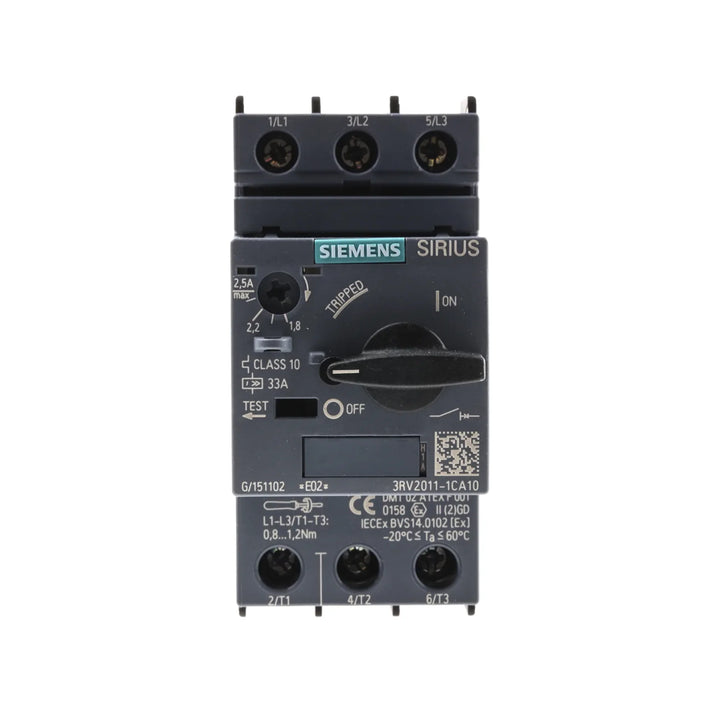 Siemens 3RV2011-1CA10 SIRIUS overload relay for motor protection in industrial systems.