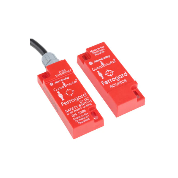 Ferrogard FRS21 magnetic safety switch with 24V DC operation, 2NC/1NO contacts, and 4m cable.