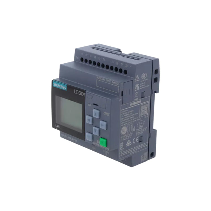 Siemens 6ED1052-1HB08-0BA2 LOGO! 8 logic module with 8 inputs, 4 outputs, and Ethernet for automation.
