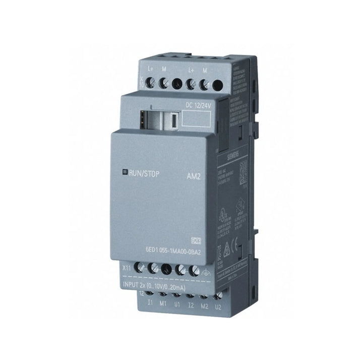 Siemens 6ED1055-1MA00-0BA2 LOGO! expansion module with 4 digital inputs and 4 relay outputs for industrial automation.
