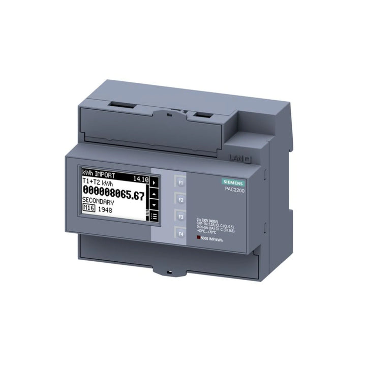 Siemens 7KM2200-2EA30-1EA1 power meter, 3-phase, 5A, LCD, Modbus RTU, DIN rail mount, IP20.