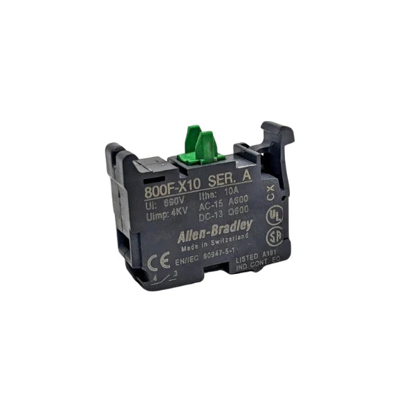 22mm contact block with 1 normally open contact, screw terminals, rated 690V AC, 10A.