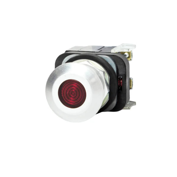 30mm red illuminated push-pull button with mushroom head, 120V AC, NEMA 4/13 rated.