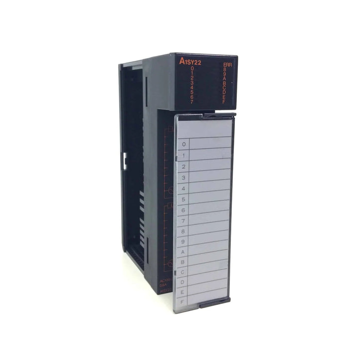 Mitsubishi A1SY22 16-point 24V DC sink output module for A-series PLCs in industrial control systems.