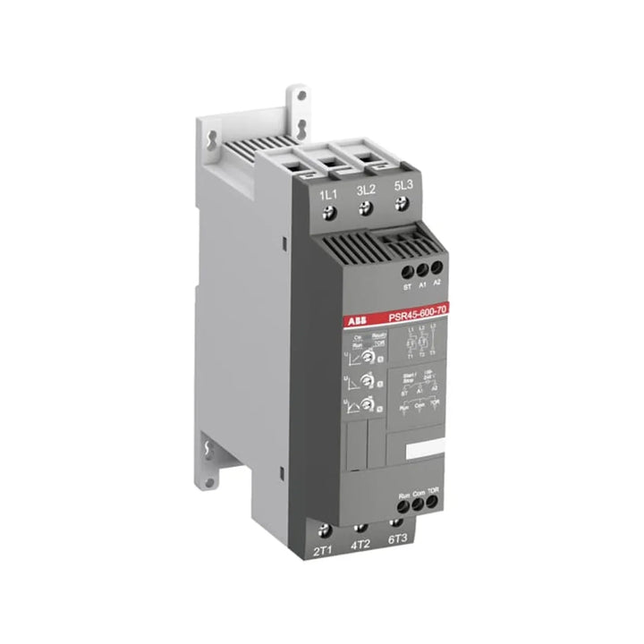 ABB PSR45-600-70 compact softstarter, 45 A, 208–600 V AC, with built-in bypass and adjustable ramp time. Ideal for pumps, fans, and conveyors.