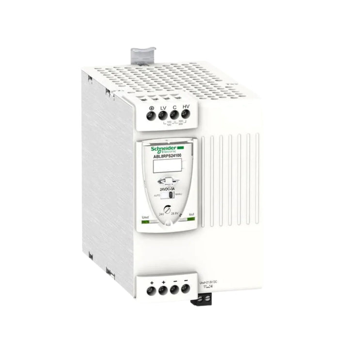 Schneider Electric ABL8RPS24100 power supply, 24V DC 10A output, DIN rail mount, with short-circuit and overload protection for control systems.