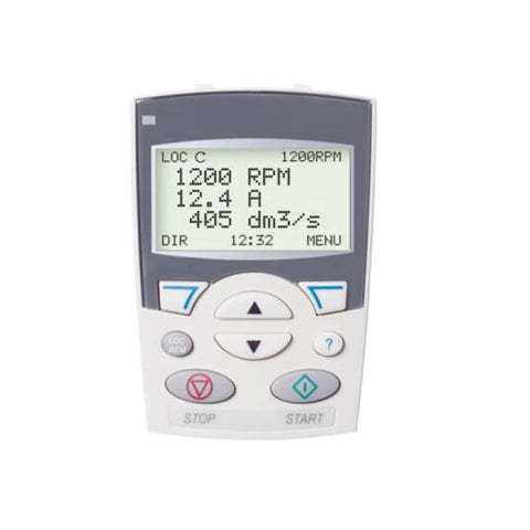 ABB ACS-CP-A assistant control panel with full-text display for setup, control, and diagnostics of compatible ABB ACS drive series.