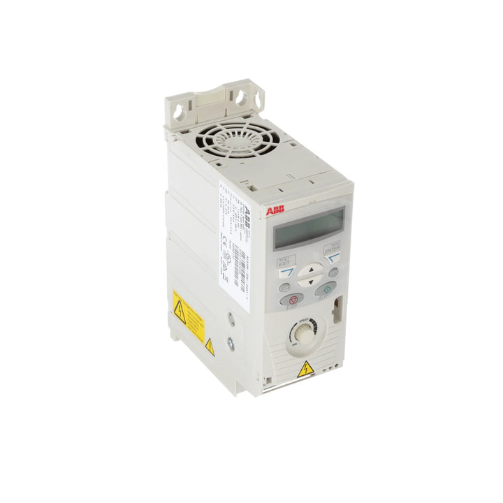 ABB ACS150-01U-06A7-2 1.5 HP VFD, 230 V, single-phase input, compact design with keypad and EMC filter for OEM and light industrial use.