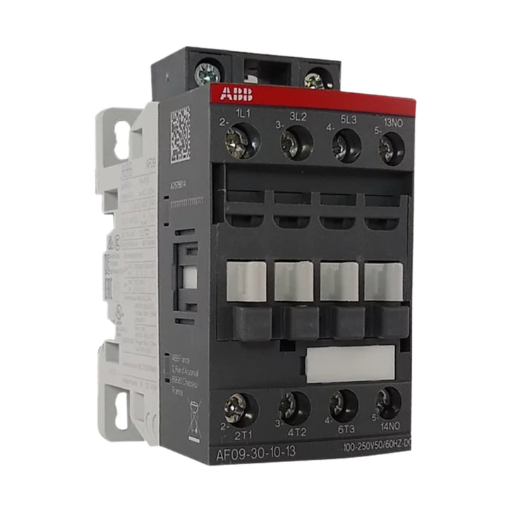 ABB AF09-30-10-13 3-pole contactor with 100–250V AC/DC coil, 25 A rated current, and 1NO auxiliary contact. Ideal for motor and power control.
