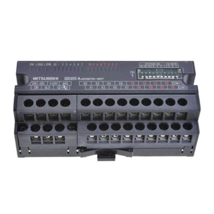 Mitsubishi AJ65SBTB1-16DT CC-Link remote I/O module, 8 digital inputs and 8 transistor outputs, DIN rail mountable.