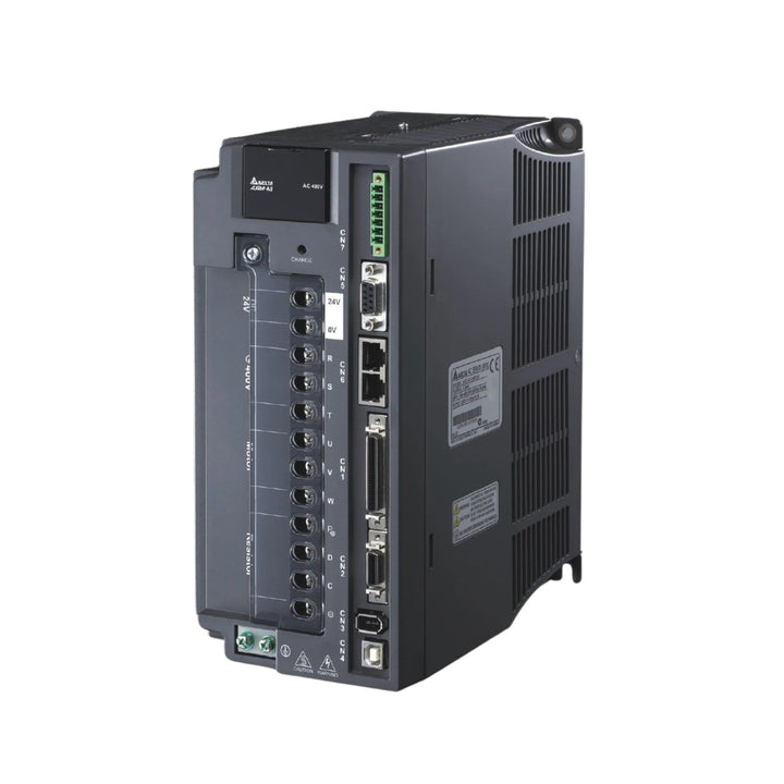 Delta ASD-A2-2043-M 2.0 kW servo drive, 400V, for ECMA motors, with high-speed control and multi-mode performance in industrial systems.