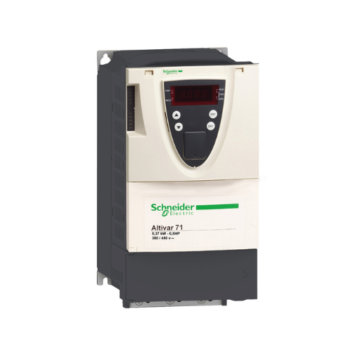 Schneider Electric ATV71H075N4Z Altivar 71 drive, 0.75 kW (1 HP), 380–480V, with EMC filter and advanced control for compact industrial applications.