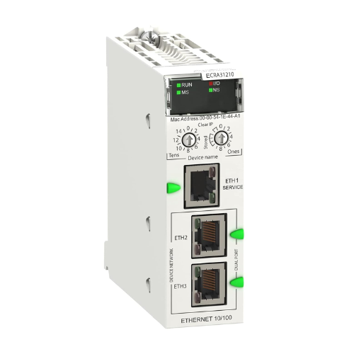 Schneider Electric BMECRA31210 EIO drop adapter for Modicon X80, enabling distributed Ethernet RIO connectivity for M580 and M340 systems.