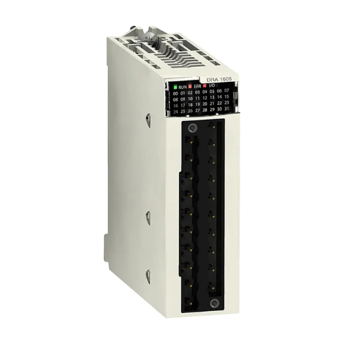 Schneider Electric BMXDRA1605 16-channel relay output module for Modicon M340, supports AC/DC loads with isolated contacts and high reliability.