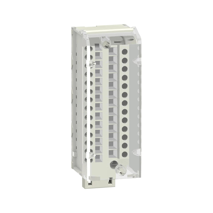 Schneider Electric BMXFTB2800 terminal block with 20 screw terminals and HE10 connector for secure wiring of Modicon X80 I/O modules.
