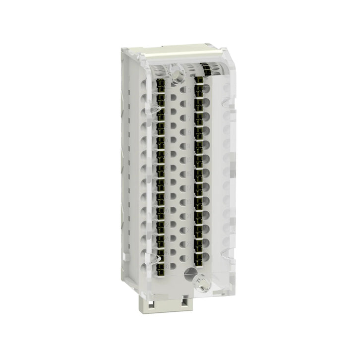 Schneider Electric BMXFTB2820 terminal block with 20 spring terminals and HE10 connector for Modicon X80 modules in M340/M580 PLC systems.