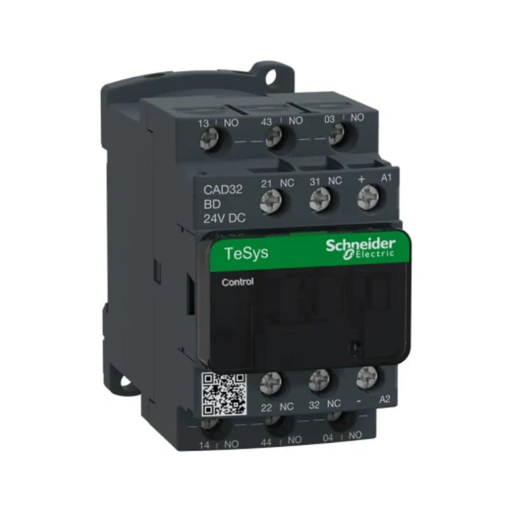 Schneider CAD32BD 3-pole contactor with 24V DC coil, 3NO + 2NC contacts. Ideal for industrial control circuits and automation systems.