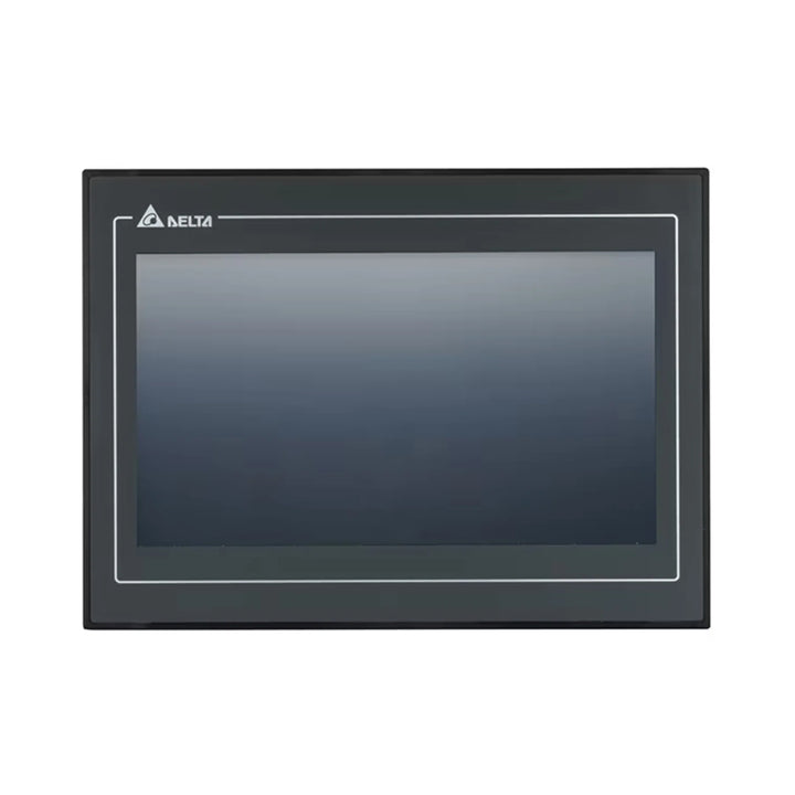 Delta DOP-107WV 7-inch widescreen HMI with 800x480 resolution, Ethernet, USB, and COM ports for industrial automation.