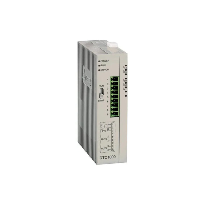 Delta DTC1000V industrial temperature controller with PID control and versatile sensor input for automation systems.