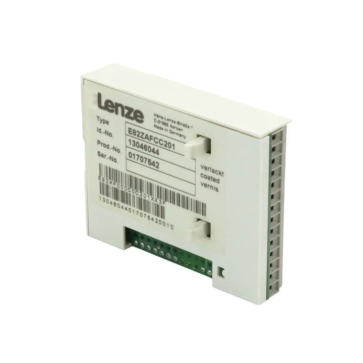 Lenze E82ZA-FCC201 EtherCAT communication module for 8200 Vector inverters, compact design, plug-in, real-time fieldbus connectivity.