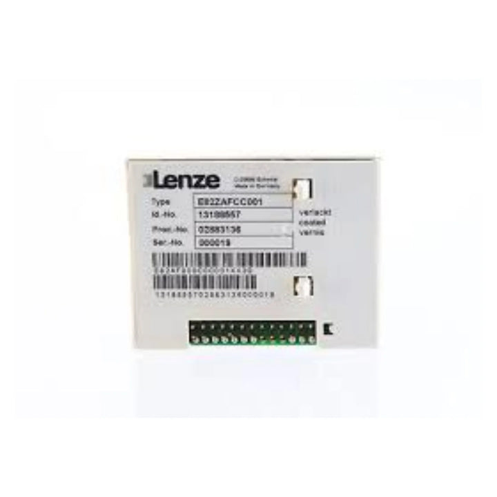 Lenze E82ZAFCC001 CANopen module with compact housing and direct mount interface for industrial communication networks.
