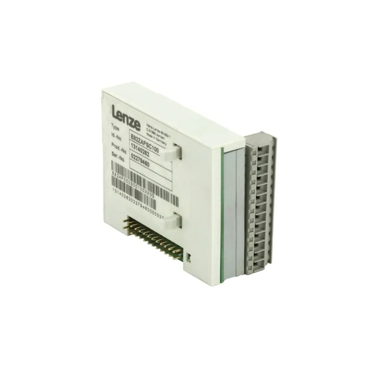 Lenze E82ZAFSC100 compact I/O module with analog and digital inputs/outputs and screw terminal connection for industrial applications.
