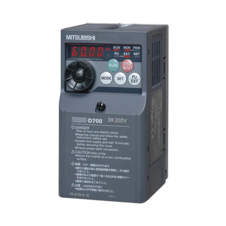 Mitsubishi FR-D720-0.75K inverter, 0.75kW, 3-phase, 200–240V AC, compact VFD from FR-D700 Series.