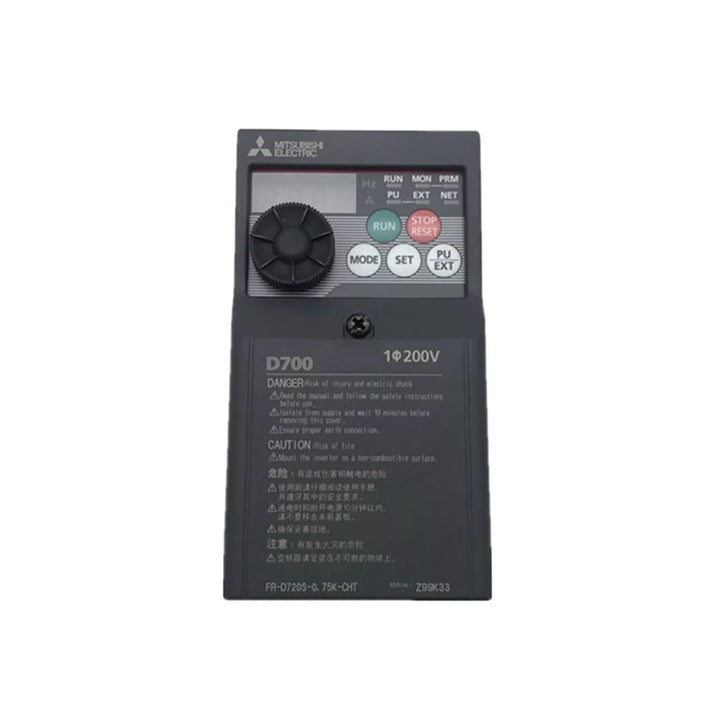 Mitsubishi FR-D720S-0.75K-CHT inverter, 0.75kW, 1-phase 200–240V AC input, RS-485, compact VFD for small motors.