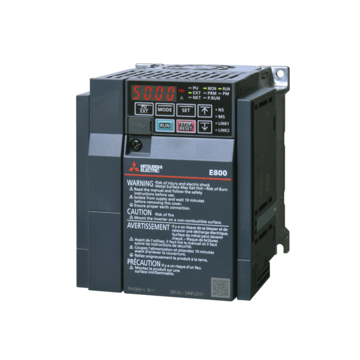 Mitsubishi FR-E840-0016EPB-60 0.75 kW compact inverter with Ethernet and PLC for 3-phase 480 V motor control.