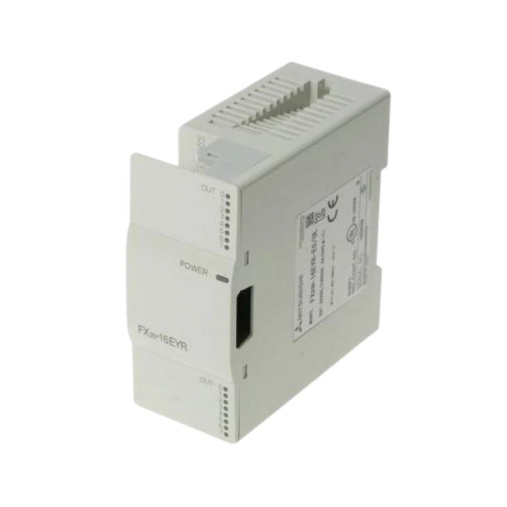 Mitsubishi FX2N-16EYR-ES/UL output module, 16 relay outputs, 2A at 240V AC / 30V DC, expands FX2N PLC systems.