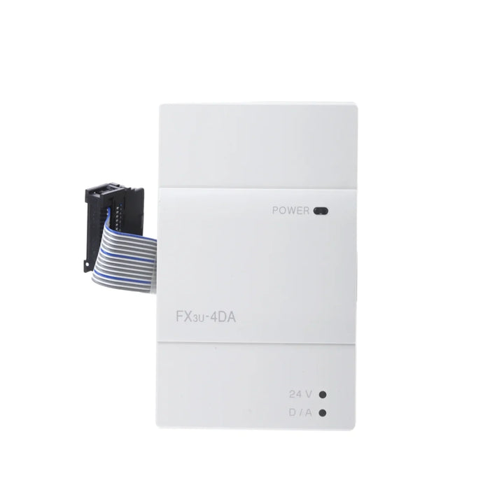 Mitsubishi FX3U-4DA analog output module, 4 channels, 0–10V and 4–20mA output, 12-bit resolution, for FX3U PLCs.