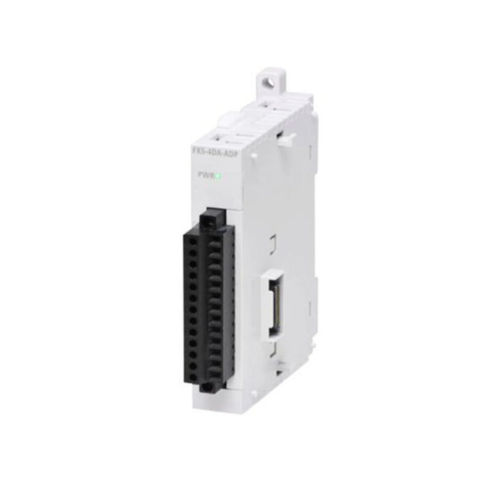 Mitsubishi FX5-4AD-ADP analog input module, 4 channels, 0–10V &amp; 4–20mA, DIN rail adapter for FX5U/FX5UC PLCs.