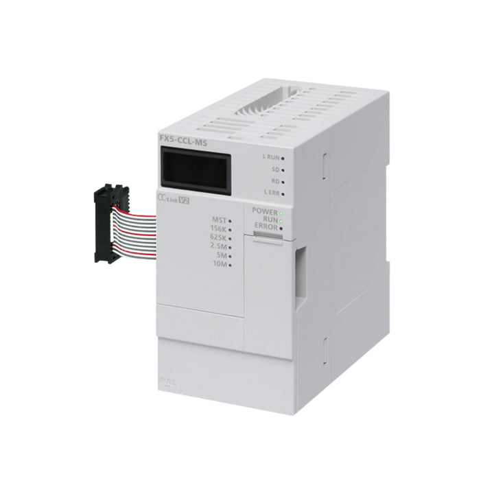 Mitsubishi FX5-CCL-MS CC-Link master module, high-speed communication for FX5U/FX5UC Series PLCs, compact and DIN rail mountable.