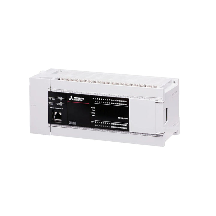Mitsubishi FX5U-64MR-ES PLC, 64 I/O (32 inputs, 32 relay outputs), 100–240V AC, compact main unit for FX5U Series automation.