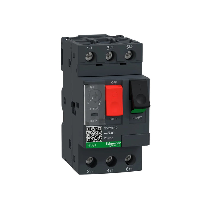 Schneider GV2ME10 motor circuit breaker, 4–6.3 A, 3P, thermal-magnetic protection for reliable motor overload and short-circuit protection.
