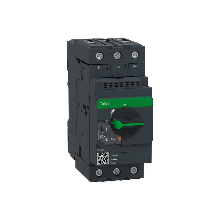 Schneider GV3P40 motor circuit breaker, 25–40A thermal magnetic protection, TeSys GV3 series, ideal for industrial motor control.