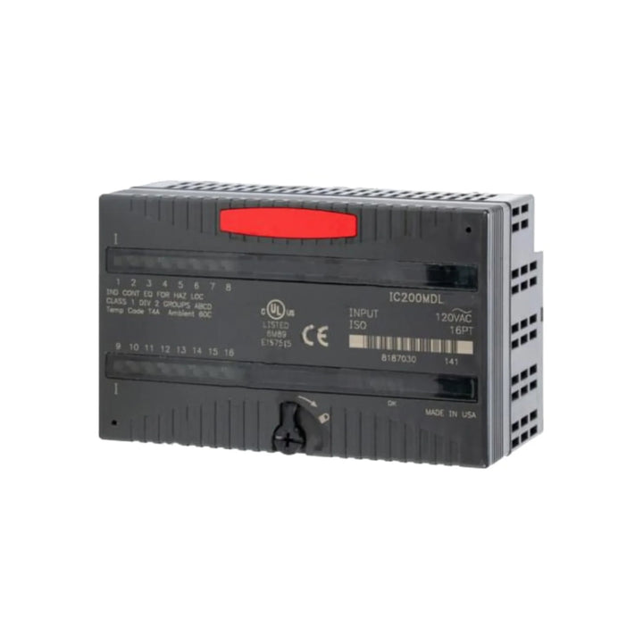 GE IC200MDL331 VersaMax 16-point input module, 24VDC sinking, negative logic, with LED status indicators.