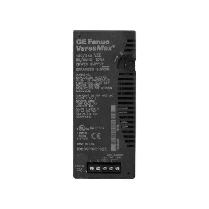 GE IC200PWR102 VersaMax power supply, 30W, panel mount, 120/240VAC input with 3.3V, 5V, and 24V DC outputs.