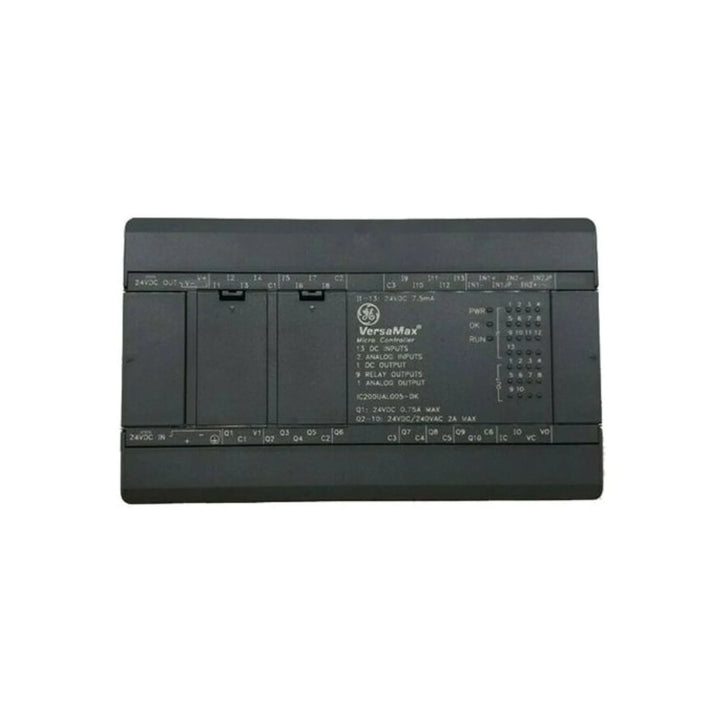 GE Fanuc IC200UAL005 VersaMax Micro PLC with 13 DC inputs, 9 relay outputs, 1 analog output, and 24 VDC power for industrial automation.